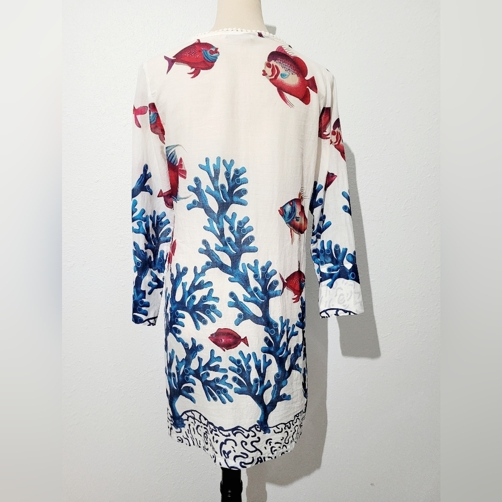Soft Surroundings Oversized XS 100% Cotton Tunic Blouse Fish Coral Print Woman - Picture 7 of 13